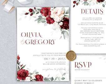 Burgundy Floral Wedding Invitation Template Set, Printable Floral Wedding Invitation Template