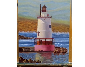 Origineel landschap schilderij, vuurtoren, zee, olie op hardboard canvas,