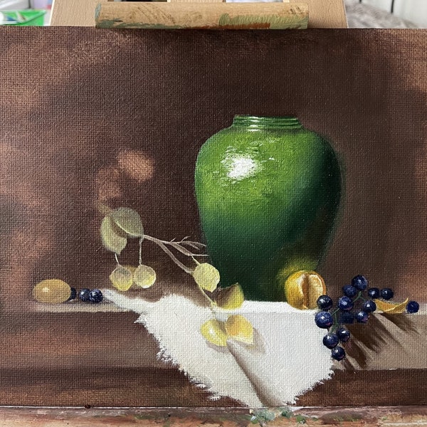 Original Stillleben, Obst Stillleben, Obst Malerei, Vase, Küche Obst Kunst, Kleines Kunstwerk, Original Kunst, Dailypainting 24/30cm