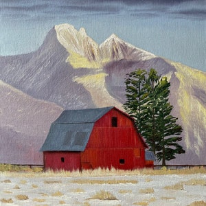 Original Ölgemälde, Landschaftsmalerei in Ölen, Landschaft, Ölgemälde, signiertes Kunstwerk, Rote Scheune, Schnee