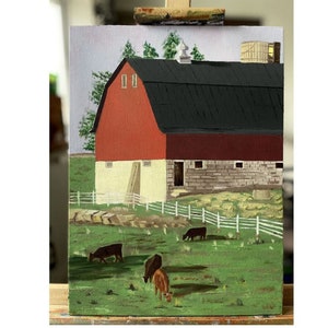 Original Ölgemälde Landschaft 30cm / 40cm, art deco, Bauernhof Malerei, Kühe auf Leinwand, rote Scheune