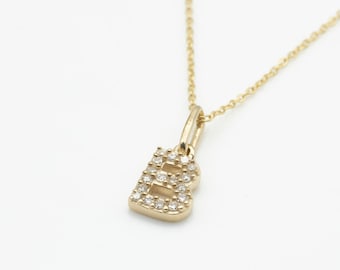 10K massivt guld diamantinitialhalsband, guld diamantbokstavshalsband, bokstavsberlockhalsband, personliga smycken, diamantinitialhänge