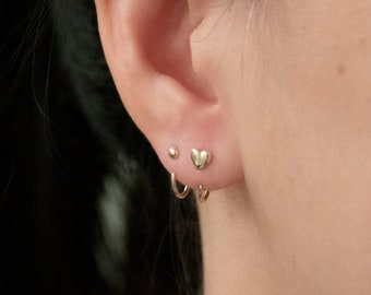 10K Solid Gold Open Hoop / Half Hoop Earring / Heart Stud / Sphere Stud / Minimalist Stud / Women&#39;s Stud Earring /