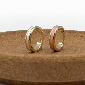 10K Gold Pink White Enamel Huggies Earrings , Enamel Hoop Earrings , Light Enamel Huggie Earrings , Enamel Jewelry , Modern Hoop Earrings