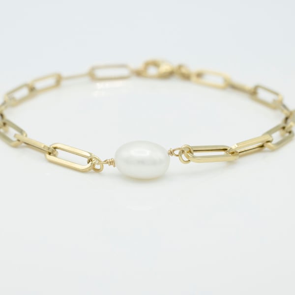 10K Gold Link Paperclip Bracelet with Fresh Water Pearl , 10K Gold Chain and Fresh Water Pearl , Bold Link Paperclip Bracelet with Pearl