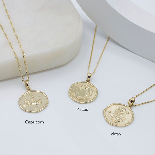 10K Solid Gold Zodiac Necklace, Zodiac Coin Disc Pendant, Zodiac Jewelry, Zodiac Sign, Personalized Necklace, Custom Zodiac ,