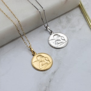 10K Gold Angel Necklace , Angel Pendant, Guardian Angel Charm, Gold Angel Coin Necklace, Angel Medallion Necklace