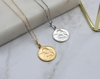 10K Gold Angel Necklace , Angel Pendant, Guardian Angel Charm, Gold Angel Coin Necklace, Angel Medallion Necklace
