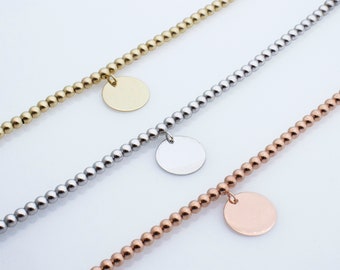 10K Solid Gold Beaded Bracelet With Tag/ Personalized Disc Bracelet/ Bridesmaid Bracelet/ Tiny disc Bracelet in gold/ Gold Ball Bracelet