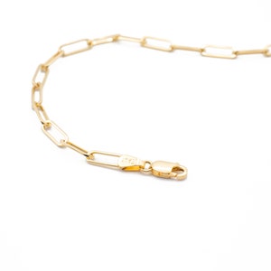 May include: A gold chain necklace with a lobster clasp fastening. The chain is made of linked rectangular shapes.