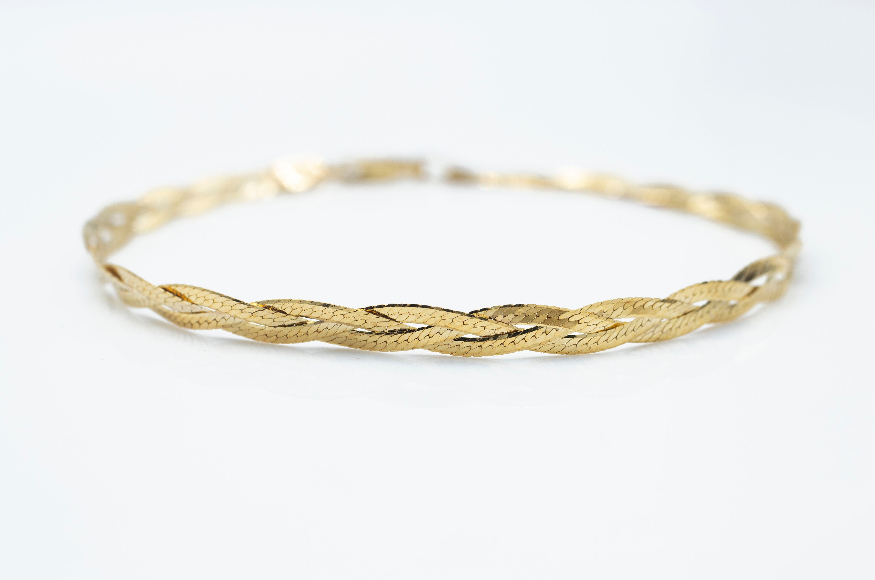 10K Solid Gold Braided herringbone flat snake bracelet , Unique and Bold , Italian Gold , Boyfriend Bold Bracelet , Trendy and Stylish Chain
