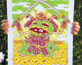 SKULL MOUNTAIN Screen Printed Poster, Samurai, Kaiju, Silkscreen, Katana, Illustration, Independent Artist