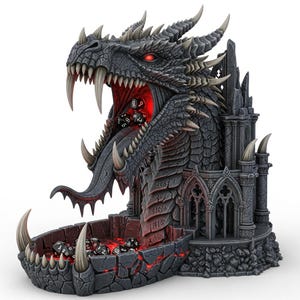 May include: A detailed dragon-themed dice tower and tray. The gray dragon has red eyes and a wide open mouth, with dice inside. The tray is also gray with a red glow, and holds more dice. The design includes castle-like structures.