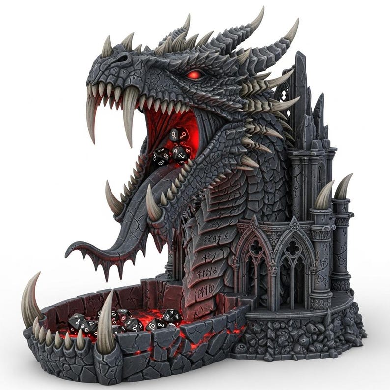 Puede incluir: Una detallada torre y bandeja de dados con tem&aacute;tica de drag&oacute;n. El drag&oacute;n gris tiene ojos rojos y la boca muy abierta, con dados dentro. La bandeja tambi&eacute;n es gris con un brillo rojo y contiene m&aacute;s dados. El dise&ntilde;o incluye estructuras tipo castillo.