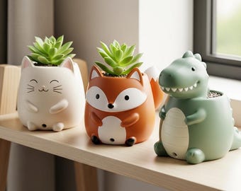 Mini macetero de animales (archivo STL 3D): Gato, zorro y dinosaurio (para impresión 3D)