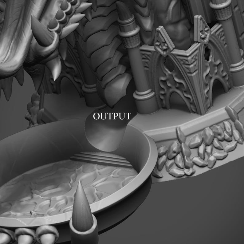 Puede incluir: Una escultura en escala de grises renderizada en 3D con detalles intrincados. El dise&ntilde;o presenta elementos arquitect&oacute;nicos, una estructura en forma de cuenco y la palabra "OUTPUT" en un lugar destacado. La escultura tiene un tema de fantas&iacute;a o g&oacute;tico.