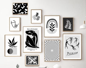 Juego de impresiones artísticas de pared en blanco y negro, impresiones artísticas descargables, decoración de pared bohemia para sala de estar, juego de pared de galería, impresiones artísticas abstractas minimalistas