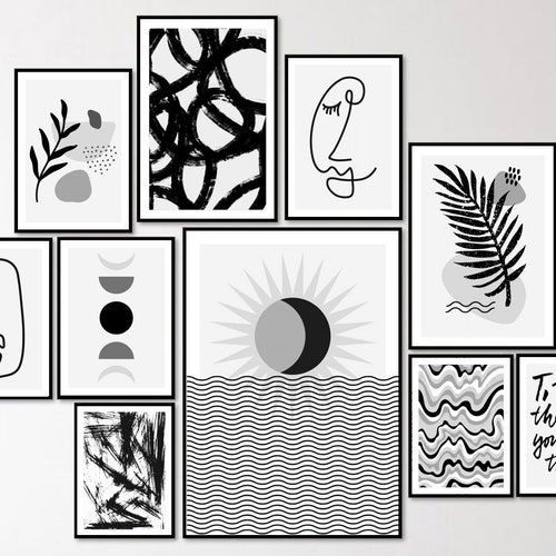 Black and White Wall Art Prints Set Printable Abstract Gallery Etsy