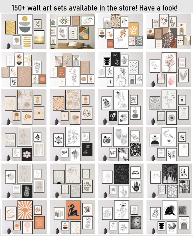 K&ouml;nnte beinhalten: Eine Sammlung von &uuml;ber 150 Wandbilder-Sets mit abstrakter Linienkunst, geometrischen Formen und minimalistischen Designs in Schwarz, Wei&szlig;, Beige und Braun. Die Sets beinhalten verschiedene Gr&ouml;&szlig;en und Stile von Drucken, perfekt f&uuml;r die Gestaltung einer Galeriewand.