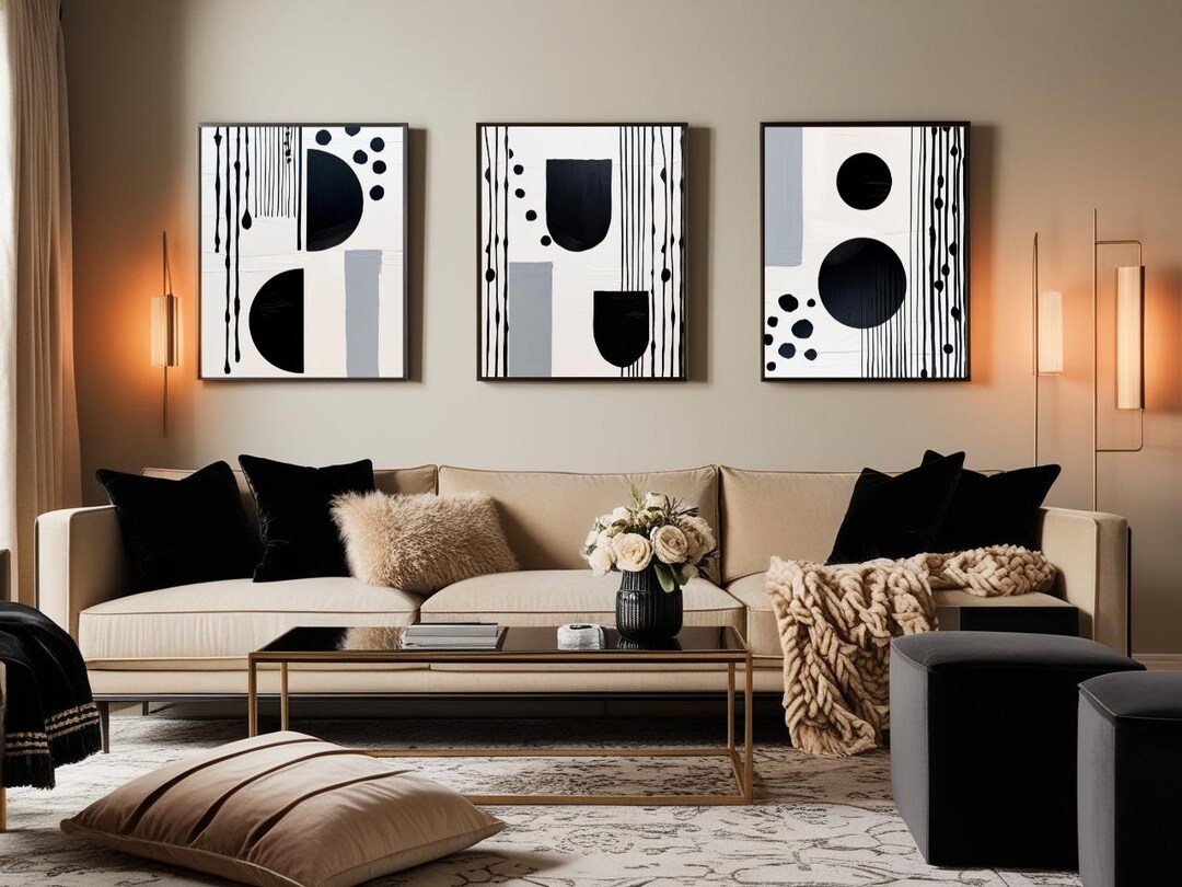 Black and White Wall Art Prints Digital Abstract Line Art Set of 3 ...