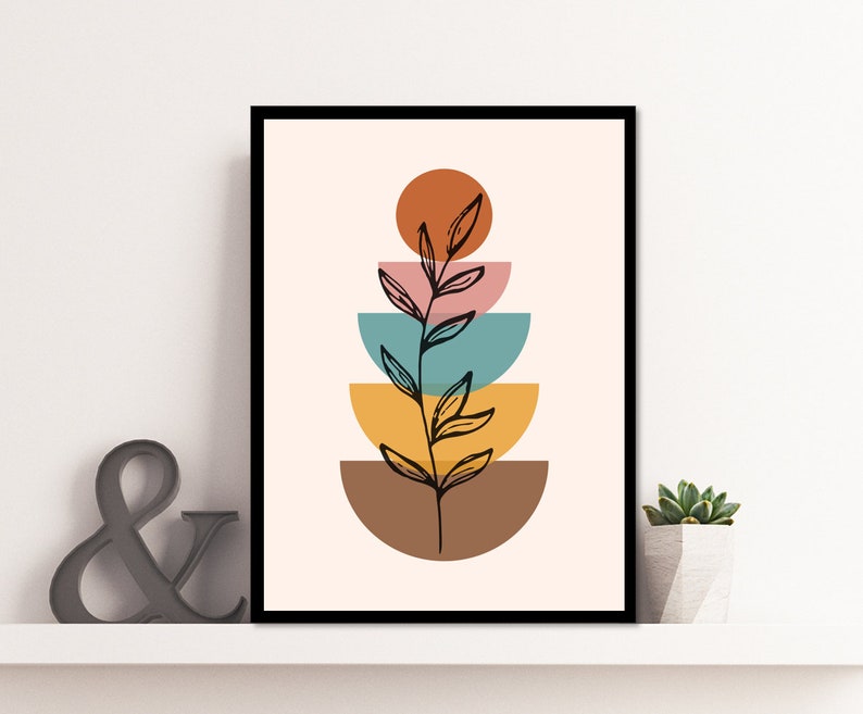 K&ouml;nnte beinhalten: Abstrakter Kunstdruck mit einer schwarzen Linienzeichnung eines Zweigs mit Bl&auml;ttern auf einem Hintergrund aus gestapelten Halbkreisen in Orange-, Rosa-, Blau-, Gelb- und Braunt&ouml;nen.