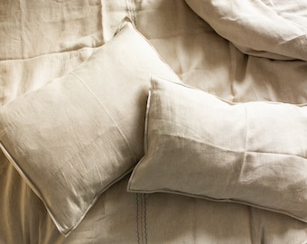Linen pillow case natural color. Softened, washed pillowcase. Bed linen. Linen pillow cover. Decoration seam