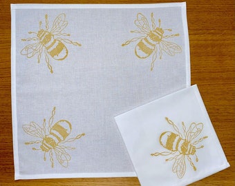 Servilletas 2 PACK - Servilletas de algodón blanco impresas en bloque con diseño de abeja amarilla
