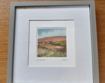Pintura original en acuarela en miniatura de Dartmoor firmada y enmarcada por Adele Hart