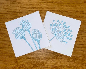 Paquete de 6 tarjetas: diseños de cabezas de semillas impresos en bloque en azul pato (diseños de 3 x 2)