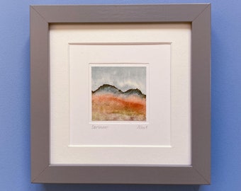 Pintura de acuarela de Dartmoor firmada original (DM10) 6 cm x 6 cm Enmarcada