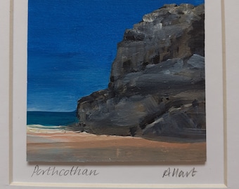 Pintura en miniatura original de la playa de Porthcothan en Cornualles firmada y enmarcada por Adele Hart.