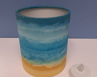 Linterna con luz de té que funciona con baterías. Paisaje marino original pintado a mano