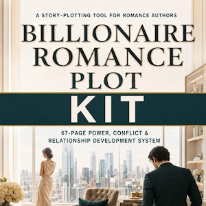 May include: A digital document titled Billionaire Romance Plot Kit, a story-plotting tool for romance authors. The cover features the text 67-page power, conflict & relationship development system over a background of a city skyline view.