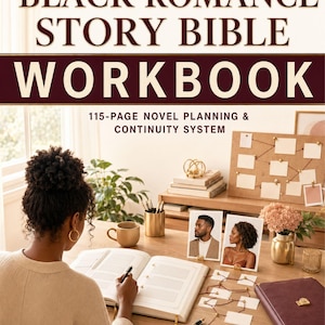 Peut inclure: Un cahier d'exercices de 115 pages intitulé Black Romance Story Bible Workbook avec une couverture bordeaux et blanche. Le texte indique : A STORY-PLANNING TOOL FOR BLACK ROMANCE AUTHORS, BLACK ROMANCE STORY BIBLE WORKBOOK, 115-PAGE NOVEL PLANNING & CONTINUITY SYSTEM.