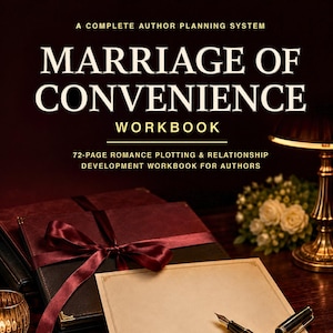 Puede incluir: Un libro de trabajo de 72 páginas Marriage of Convenience para autores, con cubierta granate, cinta de satén, una tarjeta color crema en blanco y una pluma estilográfica. El texto dice A COMPLETE AUTHOR PLANNING SYSTEM MARRIAGE OF CONVENIENCE WORKBOOK.