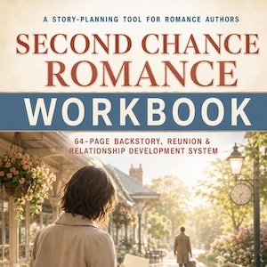 Könnte beinhalten: Ein 64-seitiges Arbeitsbuch zur Geschichtenplanung mit dem Titel Second Chance Romance Workbook, dessen Cover eine Person in einem beigen Mantel auf einer sonnigen Straße mit Blumenampel und einer Straßenuhr im Hintergrund zeigt.