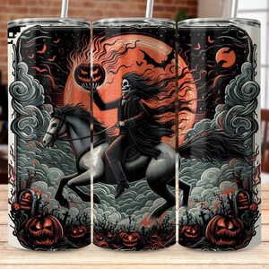 Emballage de gobelet cavalier sans tête, effrayant Halloween PNG, cavalier squelette Jack O Lantern (téléchargement numérique)