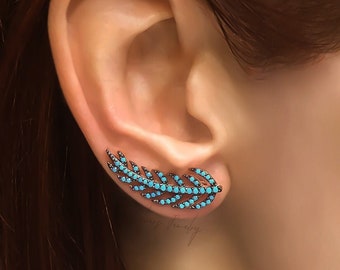 Turquoise ear climber sterling silver leaf earrings crawler with blue gemstone unique crawler with gold filled option