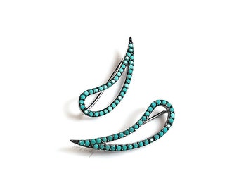 Sterling Silver Wing Climber Oorbellen met blauwe turquoise edelstenen, oorkruiper, oor wrap, oormanchet, oorveeg