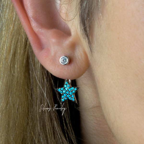 Sterling Silver Little Star Ear Jacket Earrings, front back earrings, double sided, two way turquoise stud earrings, ear climbers