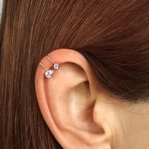 Sterling Silver non pierced ear cuff, upper cartilage earrings, fake helix piercing with double drop-shaped zircon, rose gold filled option