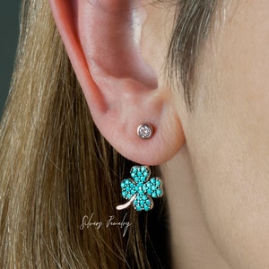 Sterling Silver Clover Ear Jacket Earrings, front back earrings, double sided, two way turquoise stud earrings, shamrock ear climbers, luck