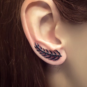 Sterling Silver ear climber, glamorous leaf earrings crawler with black zirconia with gold filled option