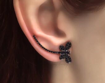 Sterling Silver Dragonfly Climber  Earrings crawler with black zirconia