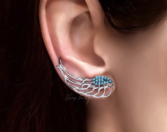 Sterling silver wing climber earrings, angel wings, butterfly ear cuff,, statement crawler earrings, blue turquoise, gold filled option