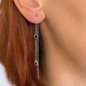Sterling silver threader earrings with double black zircon stone