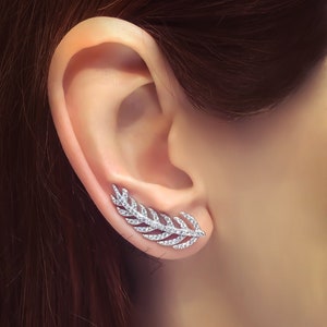 Sterling Silver ear climber, leaf earrings glaromous crawler with clear zircon image 1