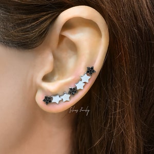 Sterling Silver Long Stars Climber Earrings, one hole ear cuff crawler, fake multiple celestial stud earrings. black cz