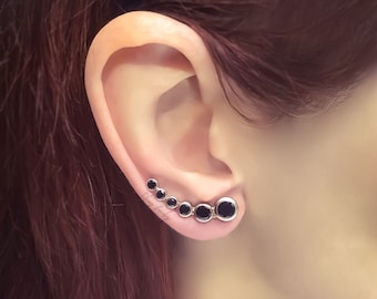 Sterling Silver ear climber or gold filled earrings one hole crawler with black zirconia, 1 inch / 25 mm