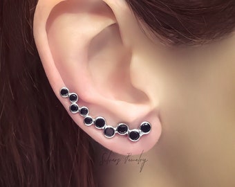 Sterling Silver ear climber, one hole long crawler earrings with black zircon gold climbings